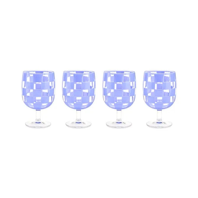 Blue Check Acrylic Water Goblets, Set of 4